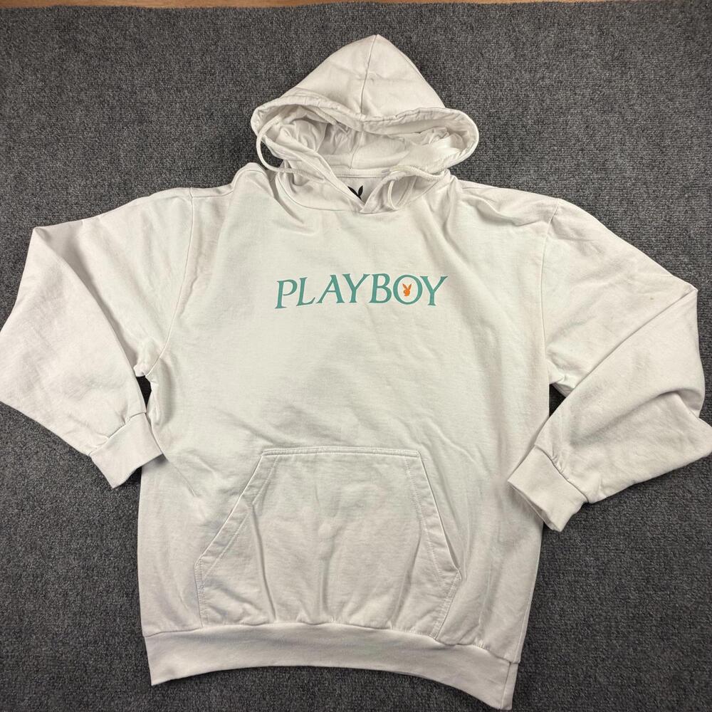 Playboy Mens White Logo Graphic Pullover Hoodie Sweatshirt Large #997